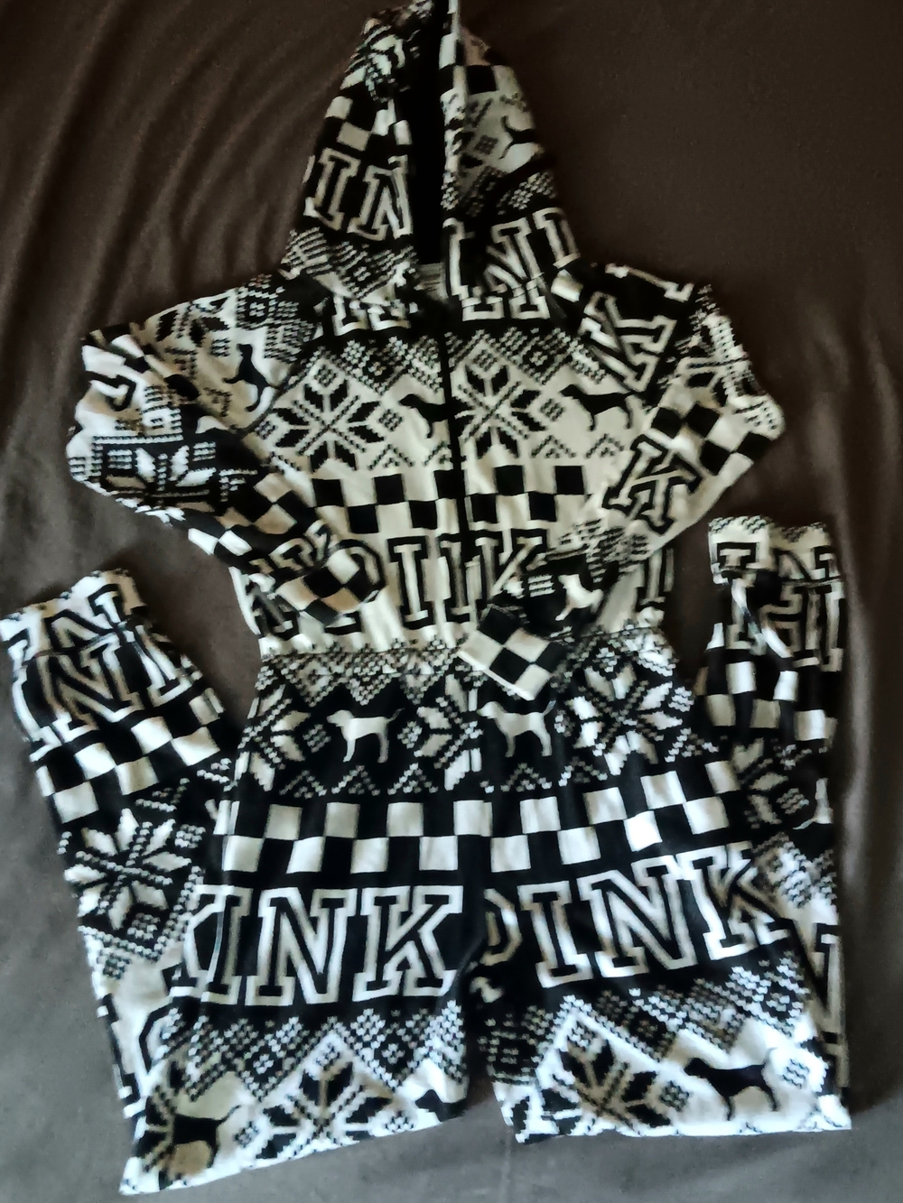 PINK Victoria's Secret Black and White Hooded One-Piece Jumpsuit